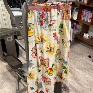 Printed Cream Tiered Maxi Skirt with Multicolor Fruit Motif